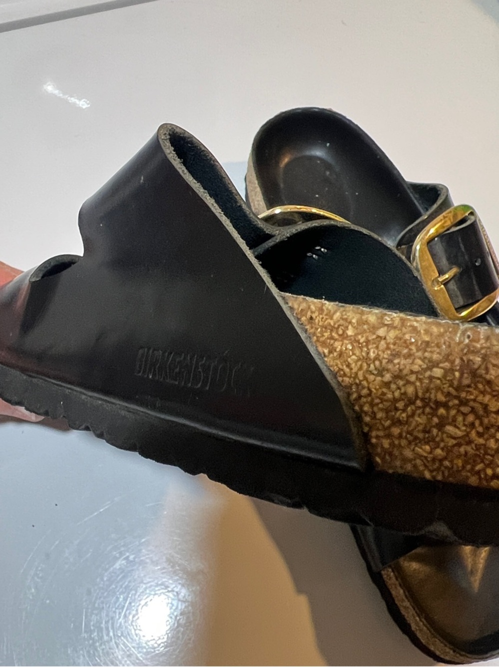 Birkenstock Black Leather Double-Buckle Slides with Gold Big Buckles 38 EU 7-7.5 - Picture 8 of 8